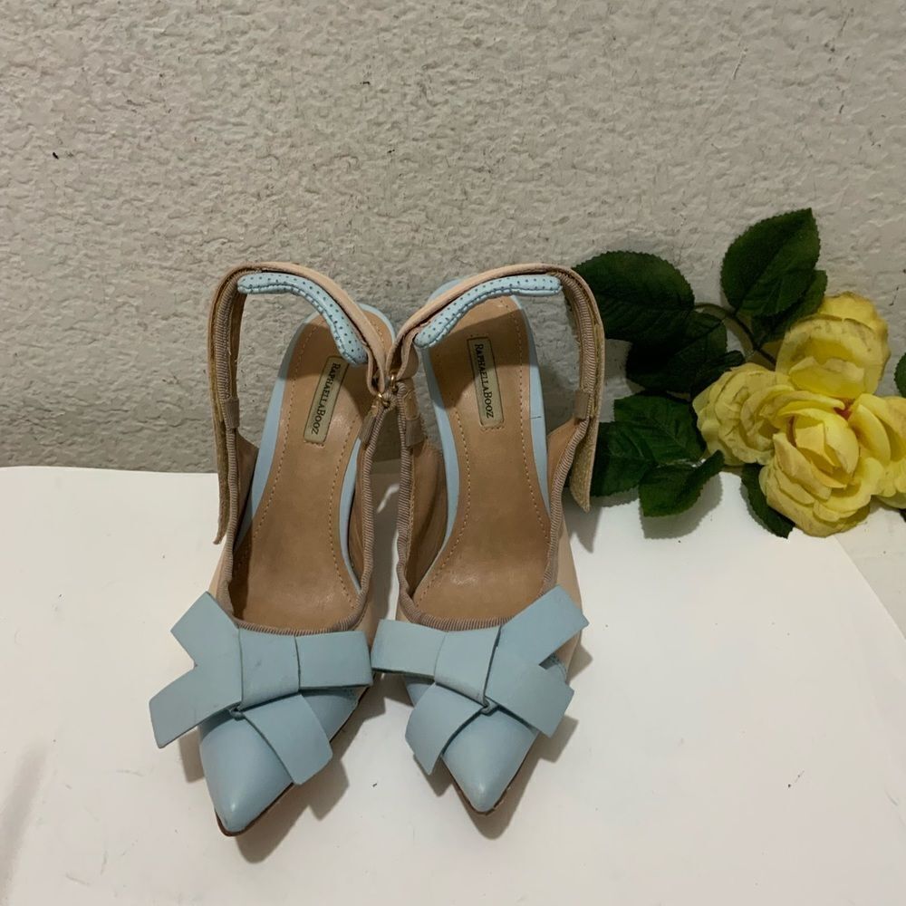 Anthropologie Raphaella Booz Blue cream bow Pointed Toe Heels  US 6B/37